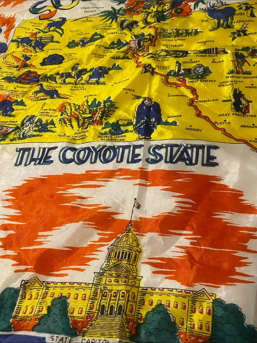 Vintage South Dakota Decorative Silk Scarf - Orange, Yellow, Blue